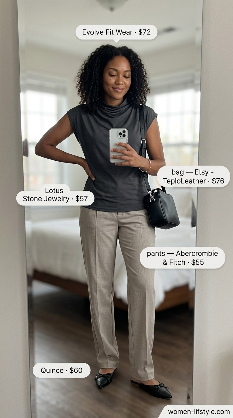 Minimalist summer cowl neck outfits for women 2026: taupe knit top, beige trousers, black mules for smart casual.