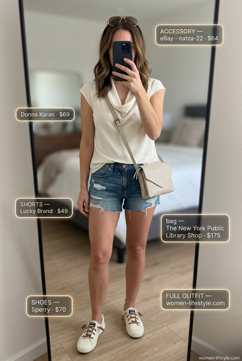 Relaxed summer cowl neck outfits for women 2026: terracotta knit top, denim shorts, sneakers for weekends.