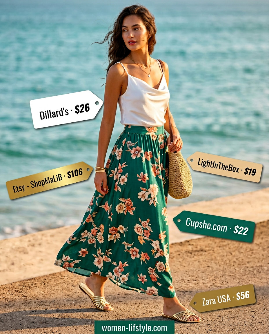 Vacation summer cowl neck outfits for women 2026: Emerald green tropical maxi skirt with white cowl cami.