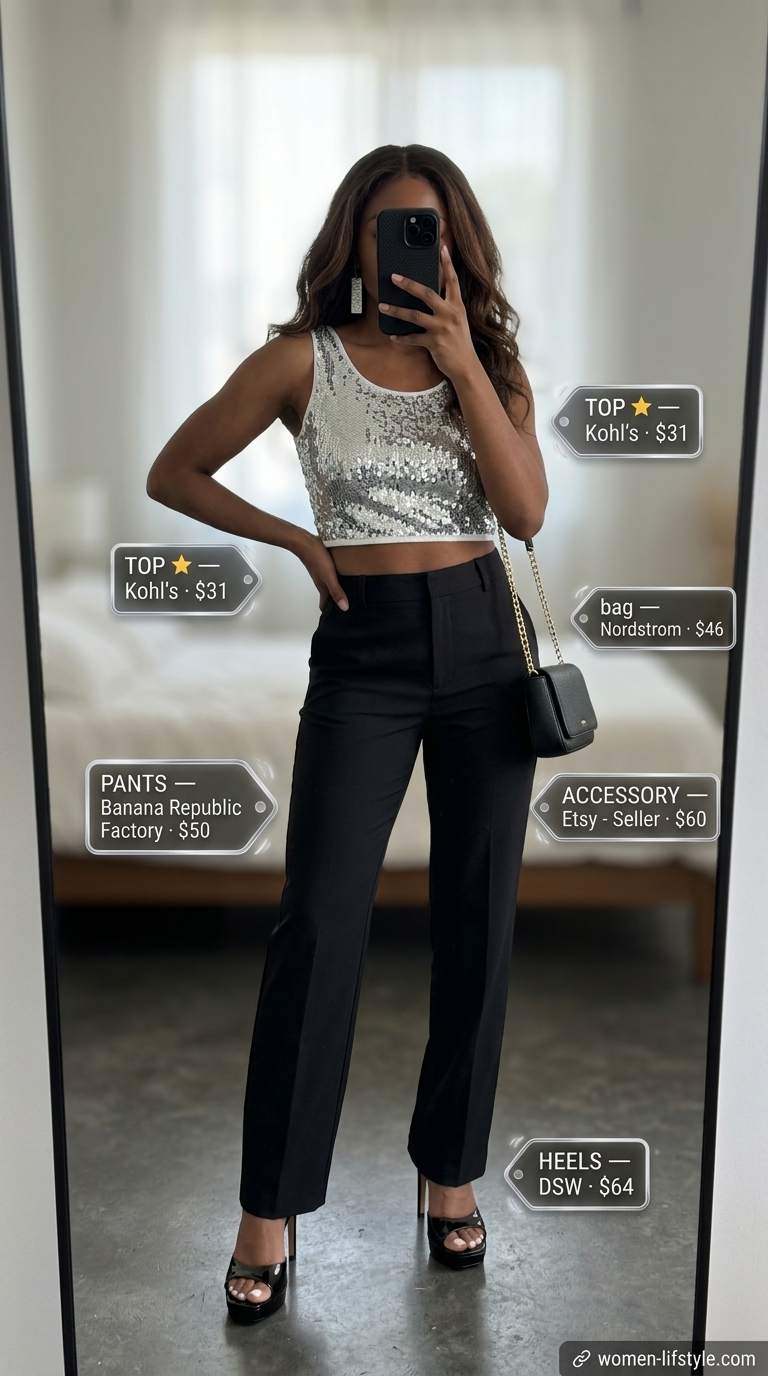 Glamorous black trousers with sequin top and platform heels for summer date outfits with heels 2026.