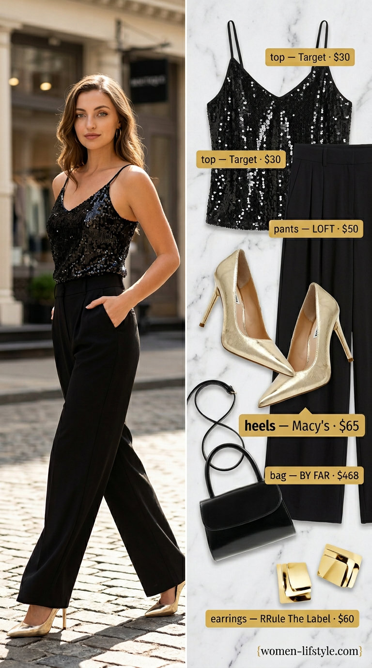 Glamorous gold sequin top with wide-leg trousers and metallic heels for summer date outfits with heels 2026.