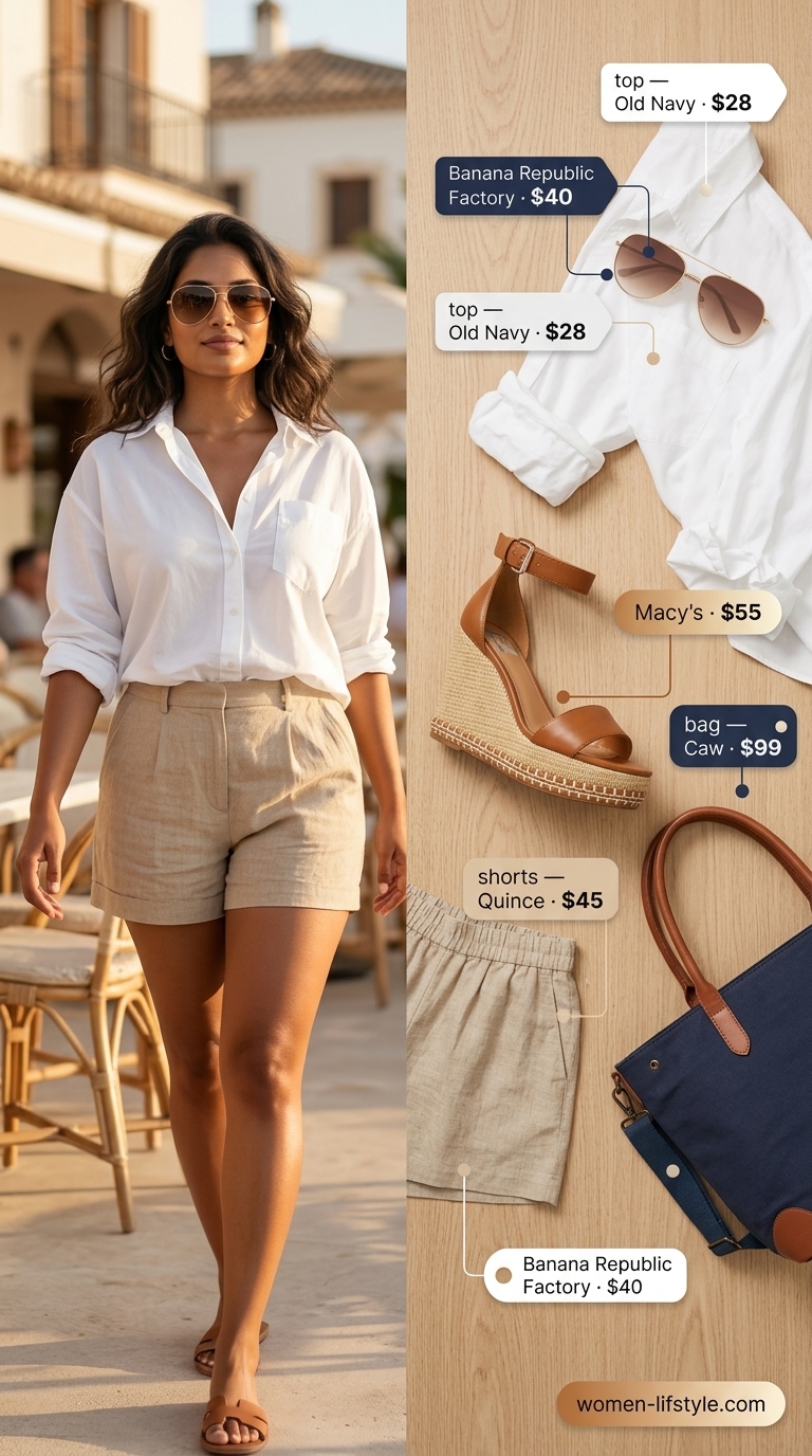 Casual tan outfit with linen shorts, white shirt, and espadrille wedges for summer date outfits with heels 2026.