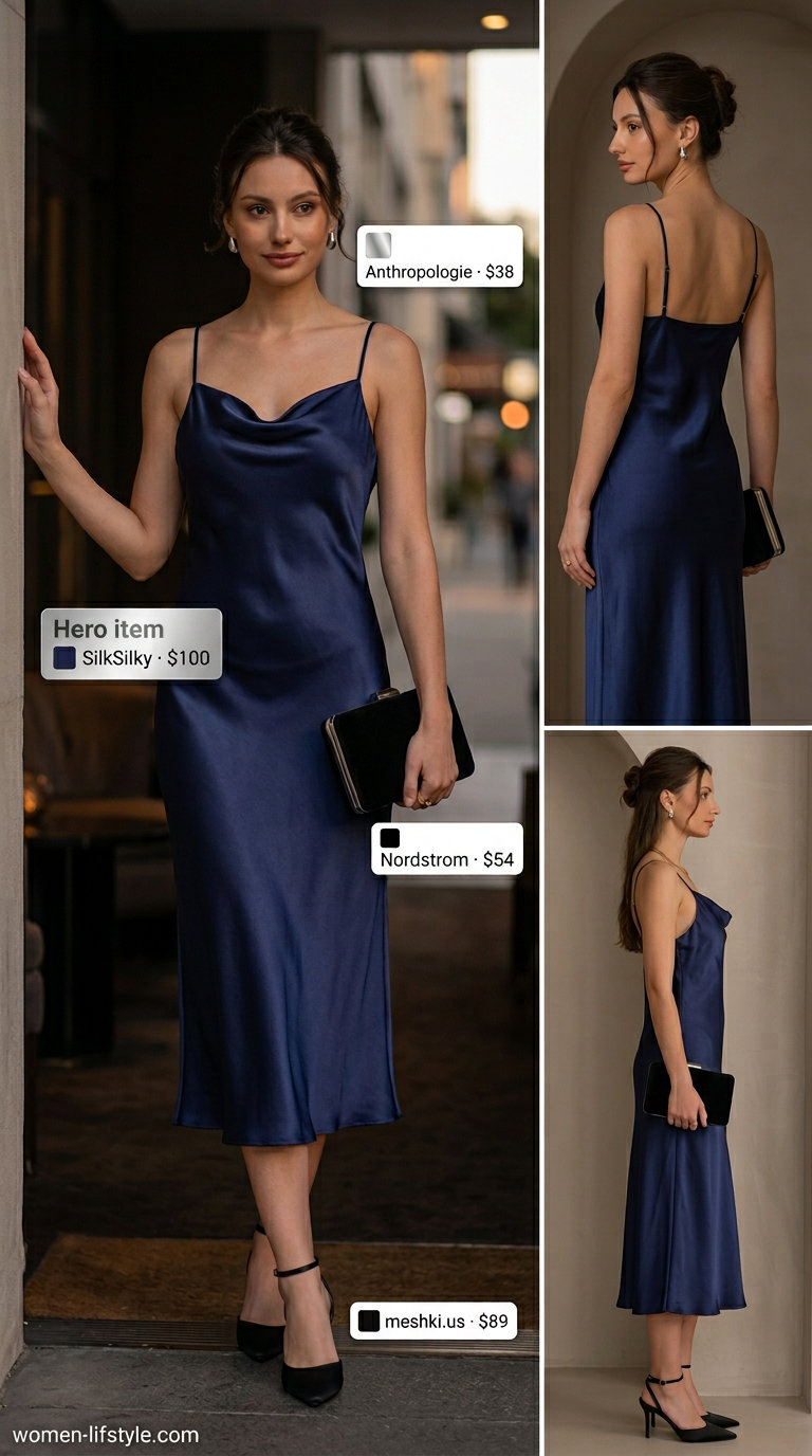 Elegant navy slip dress with stiletto heels and clutch for summer date outfits with heels 2026.