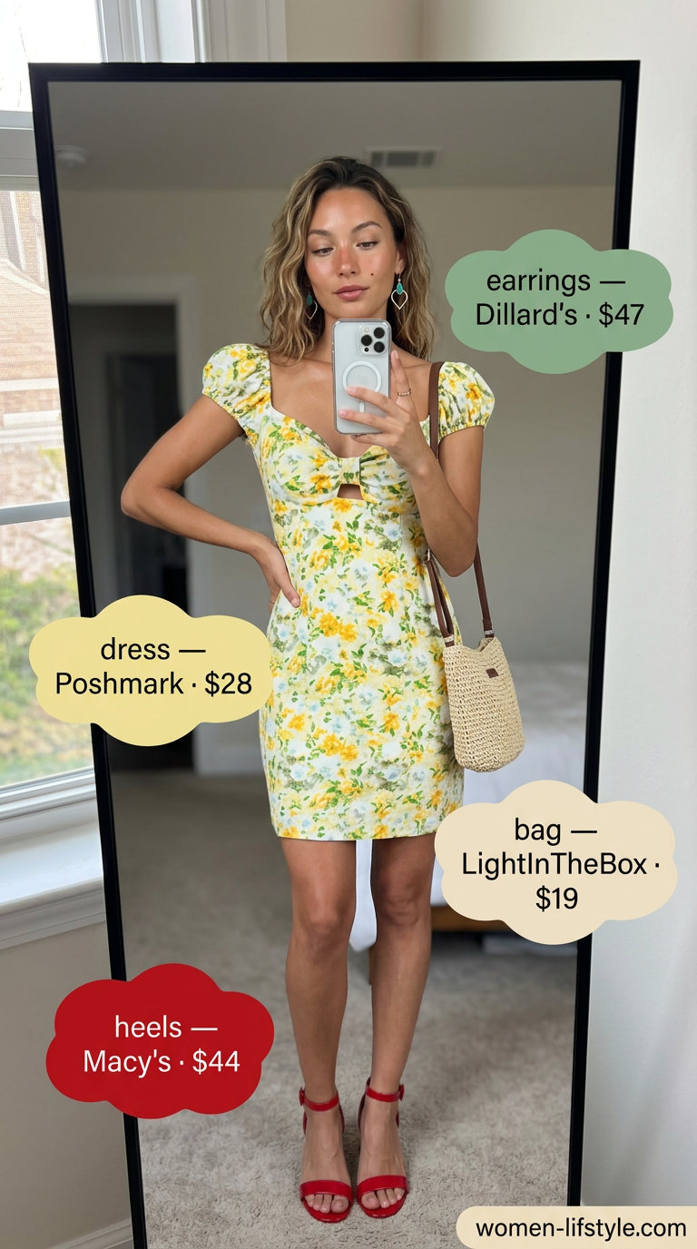 Festive yellow floral mini dress with red block heels and straw bag for summer date outfits with heels 2026.