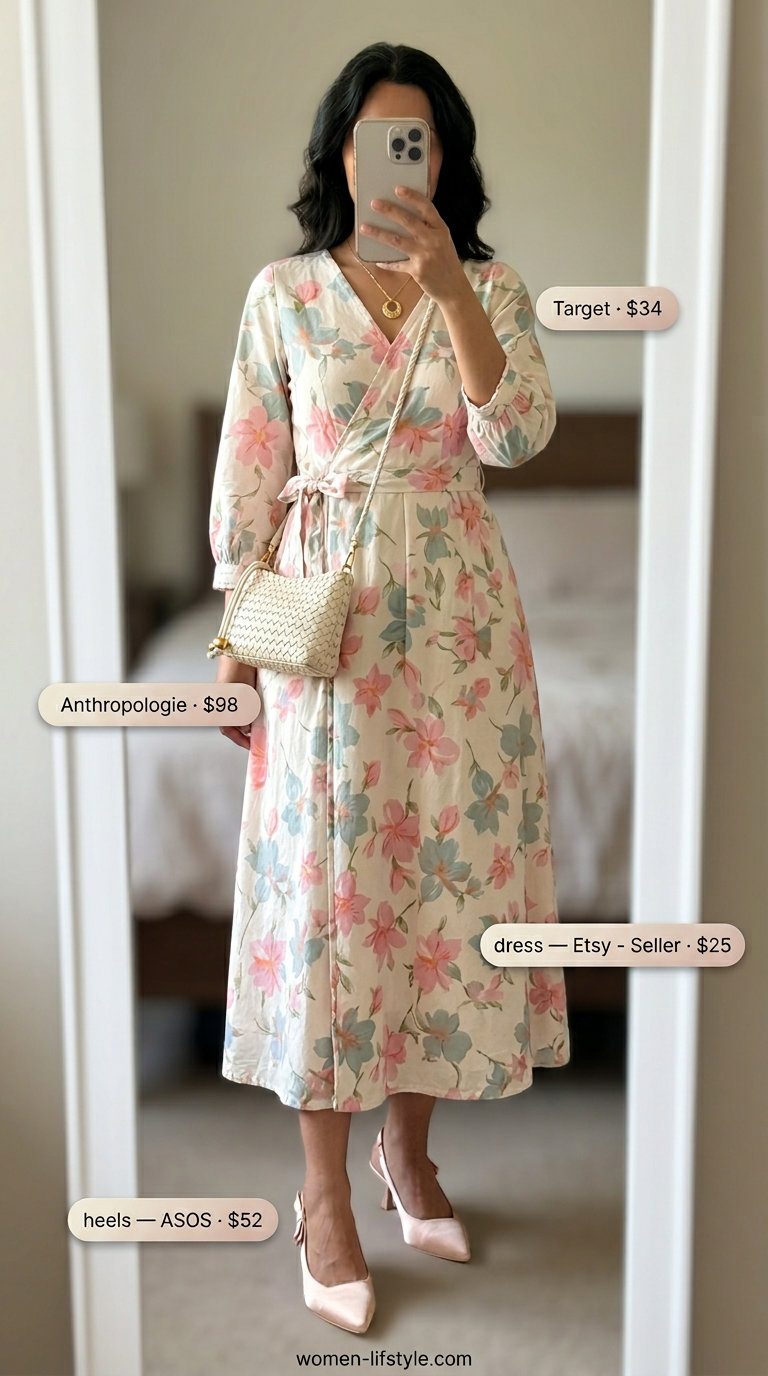 Pastel pink floral midi dress with kitten heels for summer date outfits with heels 2026. Feminine garden party outfit.