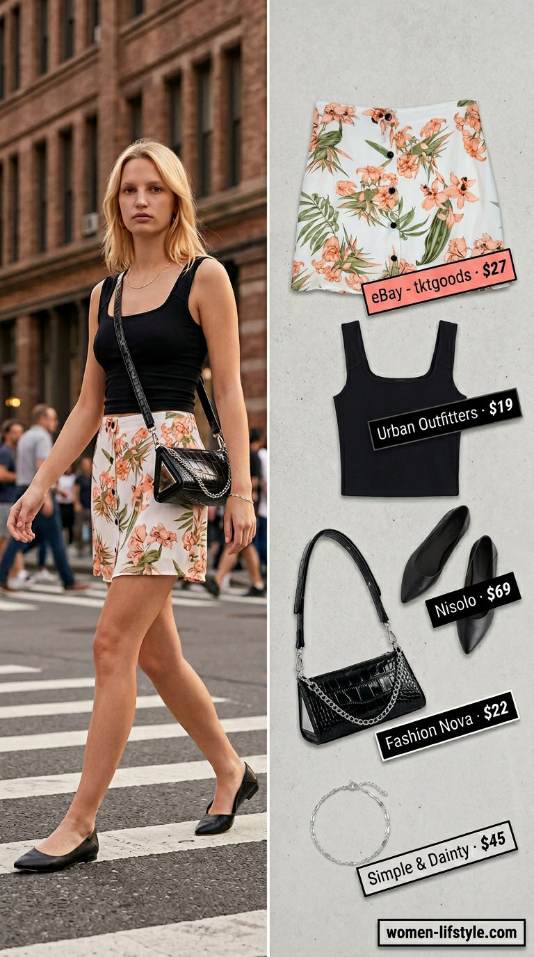 Floral mini skirt with black knit top for playful summer date outfits with heels 2026. Chic city evening look.