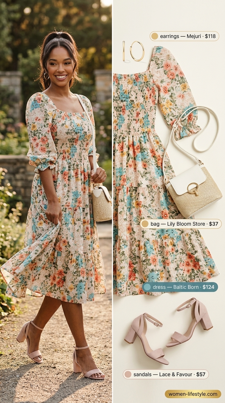 Garden party outfit with blush pink floral midi dress, block heels, and straw bag for summer date outfits with heels 2026.
