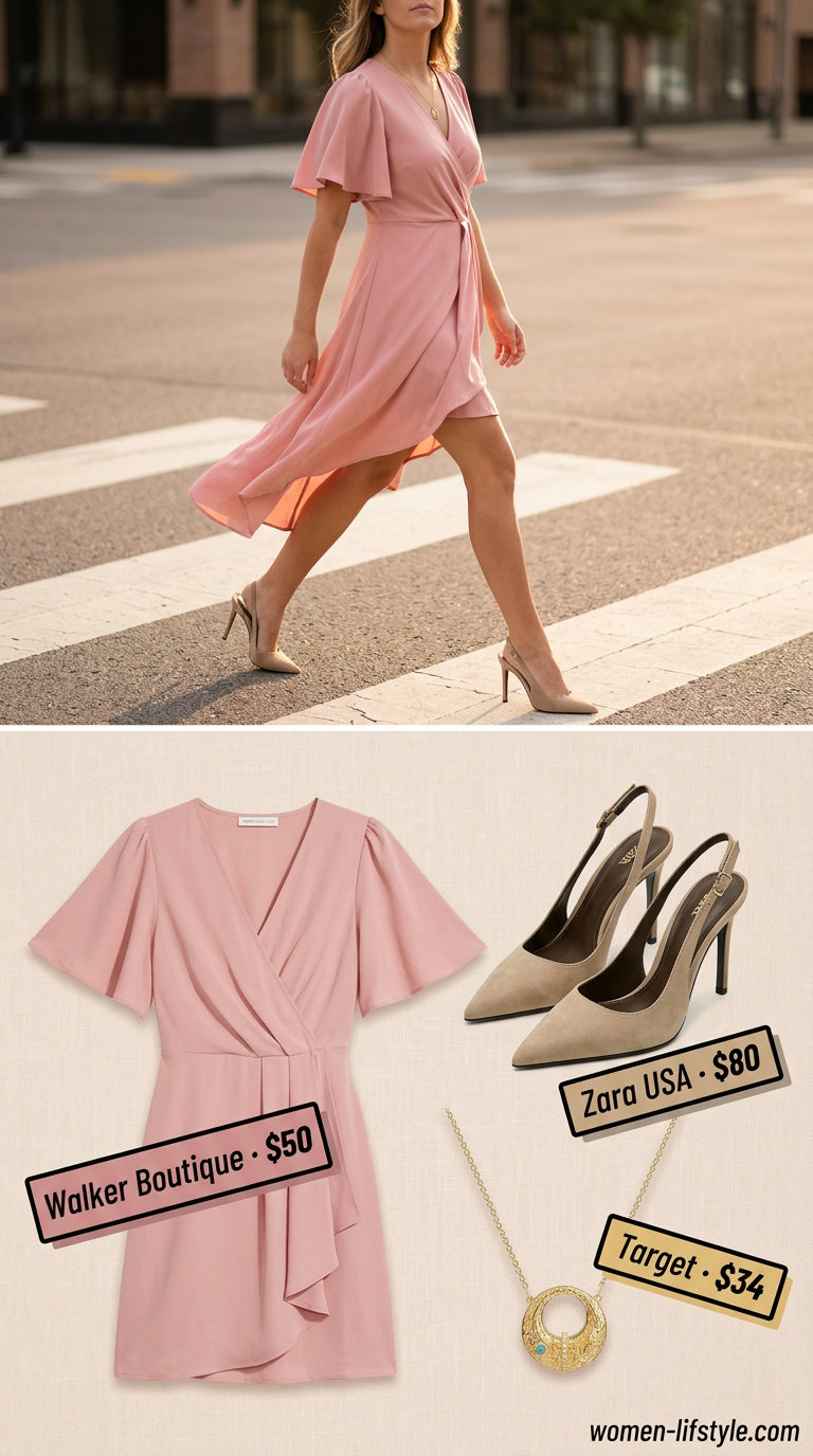 Blush pink midi wrap dress with nude heels for summer date outfits with heels 2026. Elegant garden party look.