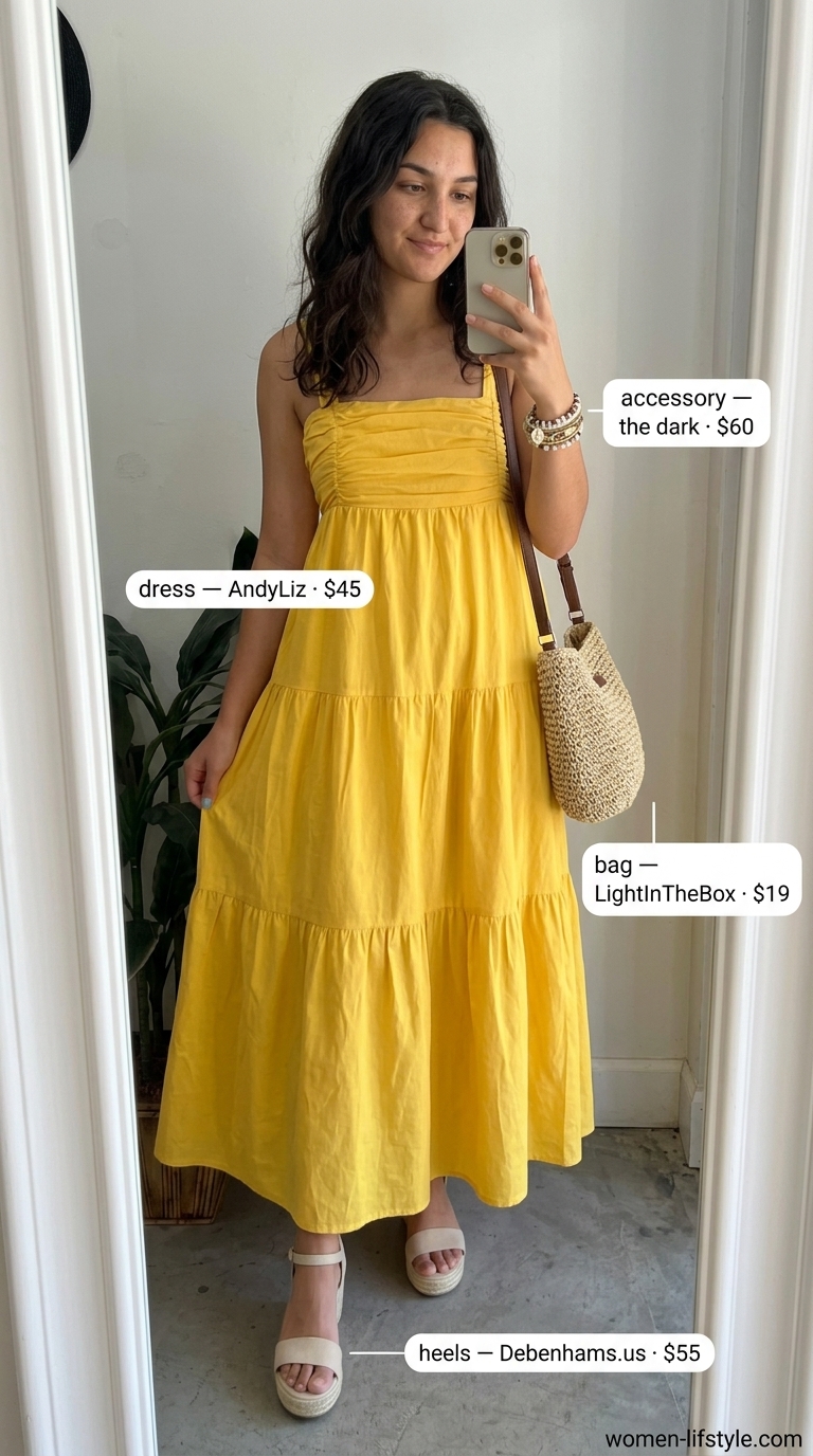 Relaxed summer date outfits with heels 2026: Mustard maxi dress, espadrille wedges, woven bag for an outdoor dinner.