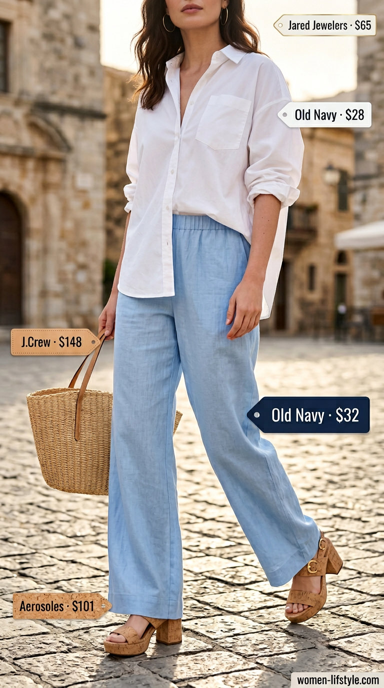 Sky blue linen pants with white shirt and block heels for summer date outfits with heels 2026. Effortless travel style.