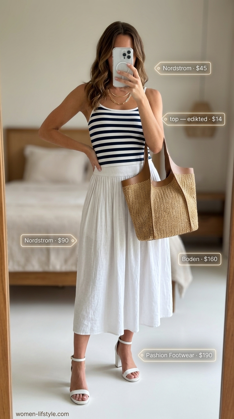 Mediterranean inspired outfit with linen skirt, striped tank, and white block heels for summer date outfits with heels 2026.