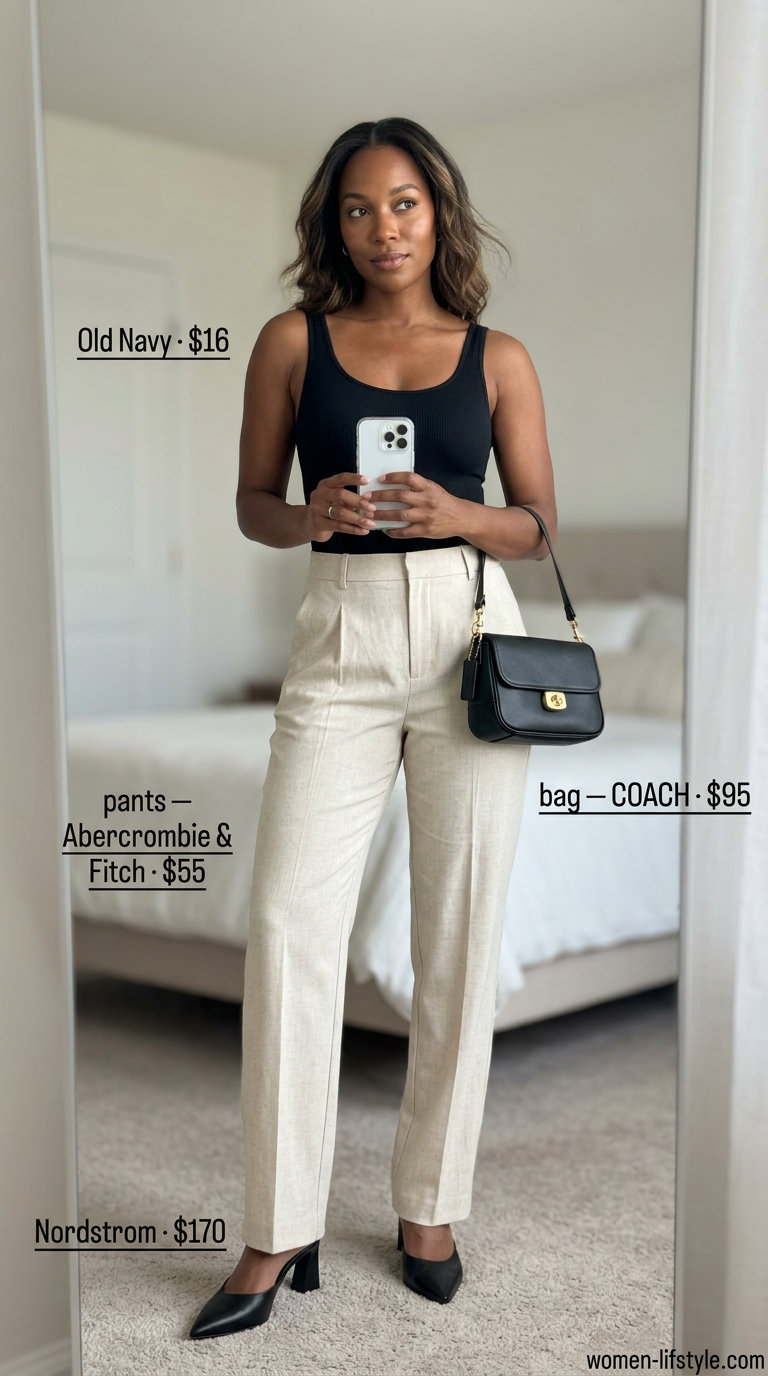 Sophisticated summer date outfits with heels 2026: Tailored trousers, mules, structured bag for a gallery opening.