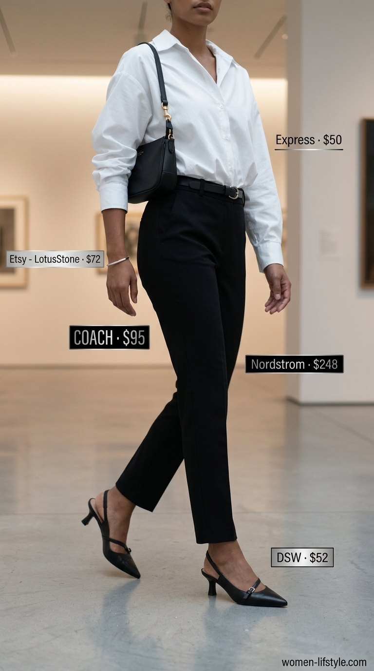 Minimalist black and white outfit with tailored pants, oversized shirt, and kitten heels for summer date outfits with heels 2026.