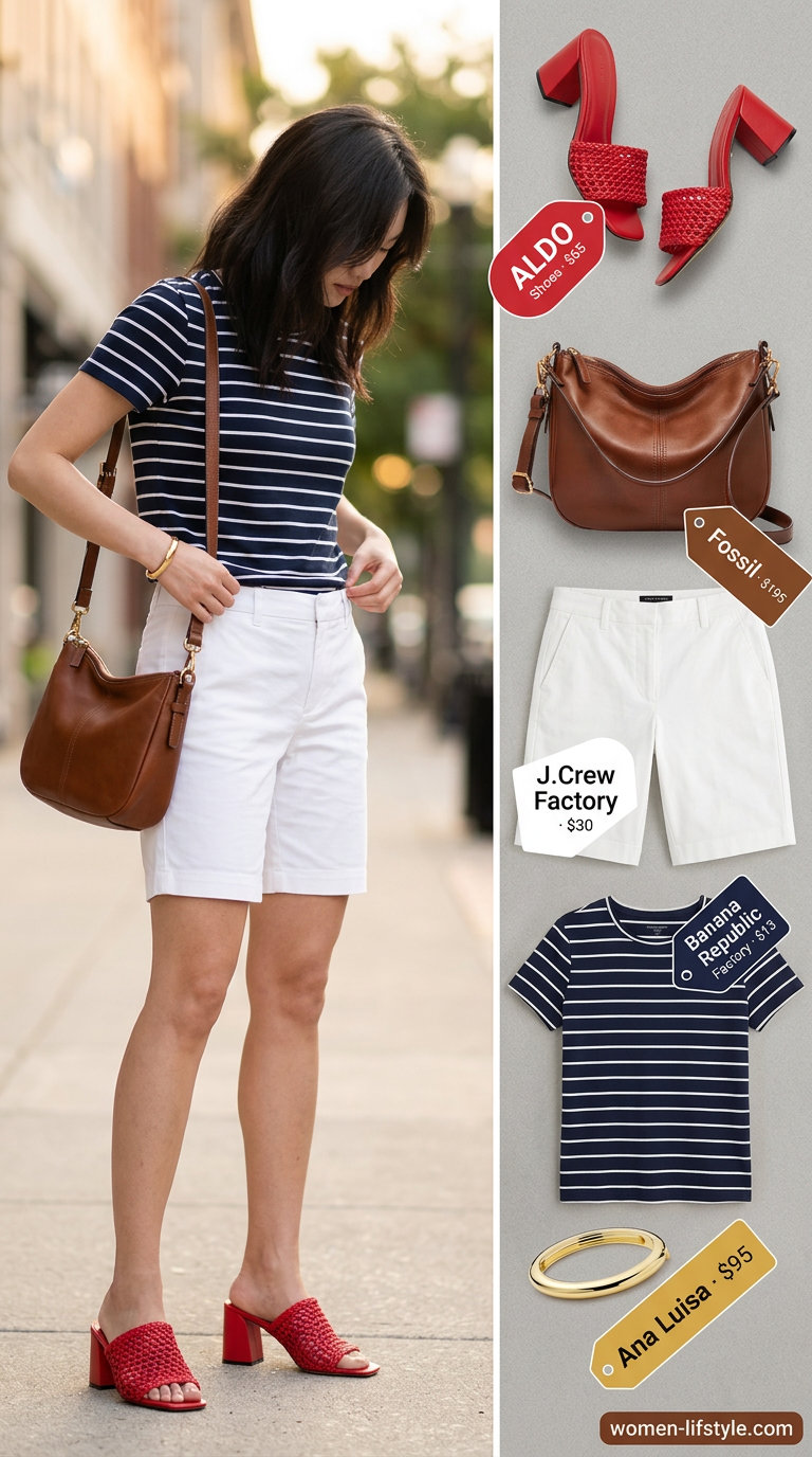 Navy and white striped top with white shorts and red block heels for chic summer date outfits with heels 2026.