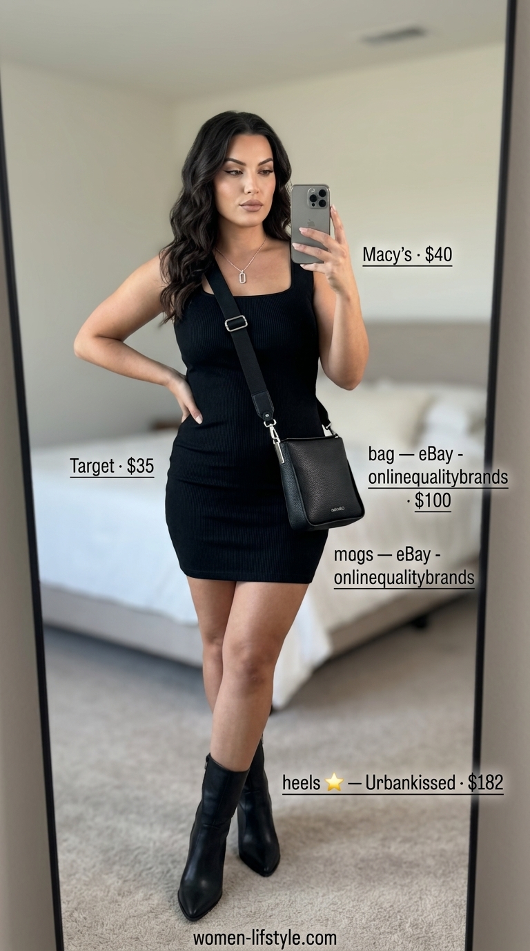 Edgy summer date outfits with heels 2026: Black faux leather ankle boots, mini dress, silver necklace for a concert.