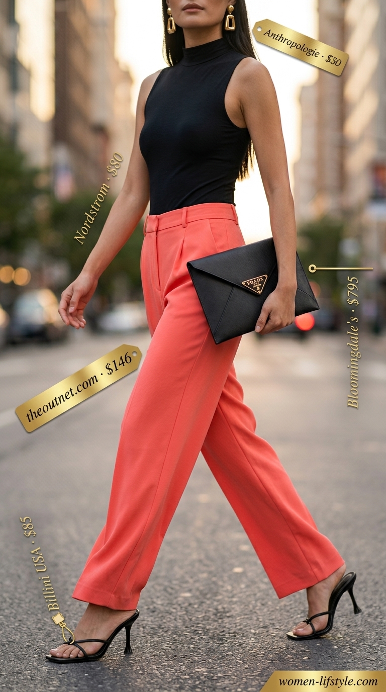 Vibrant summer date outfits with heels 2026: Coral wide-leg trousers, bodysuit, clutch for a city date night.