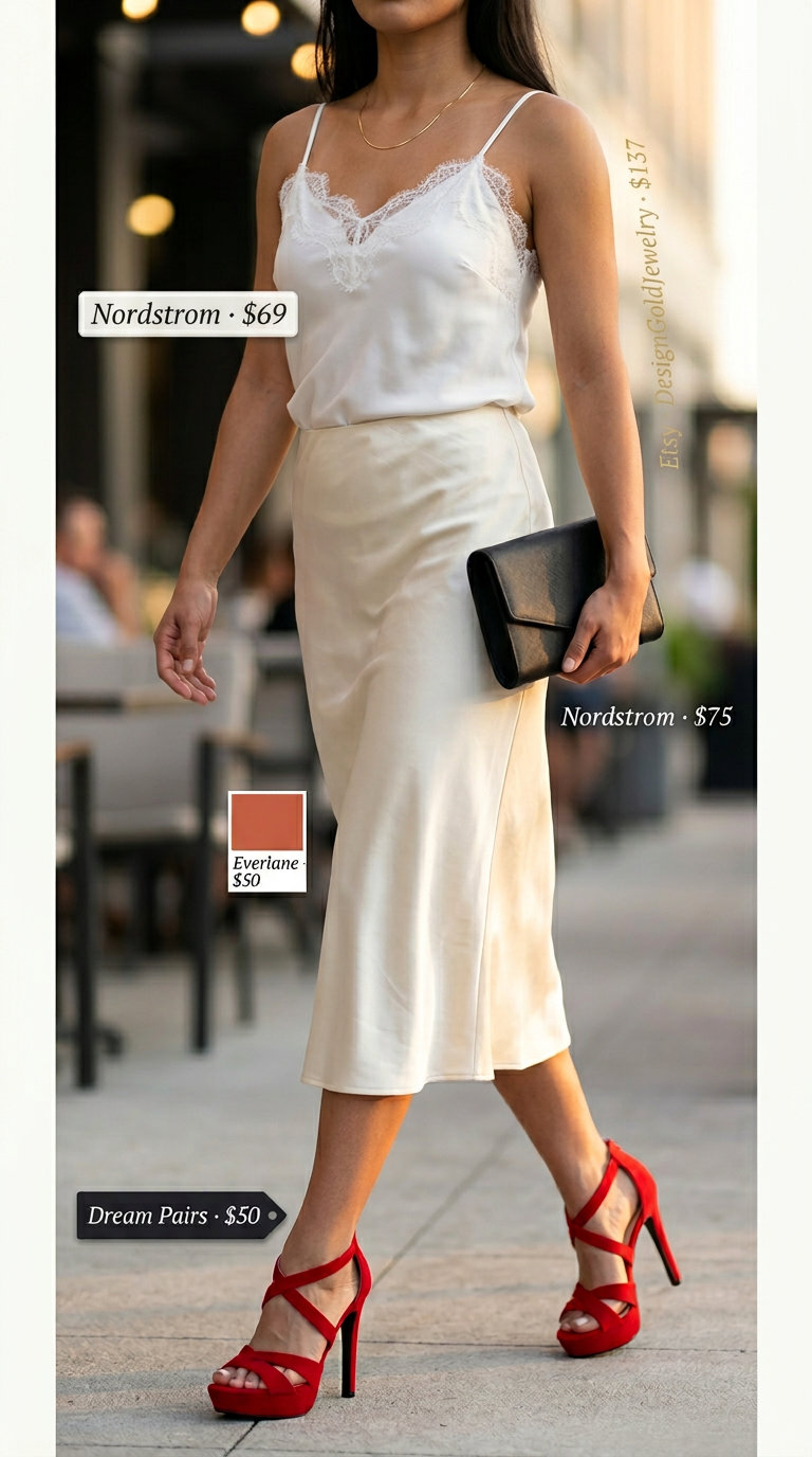 Flirty summer date outfits with heels 2026: Red stiletto sandals, satin skirt, lace cami for a cocktail hour.