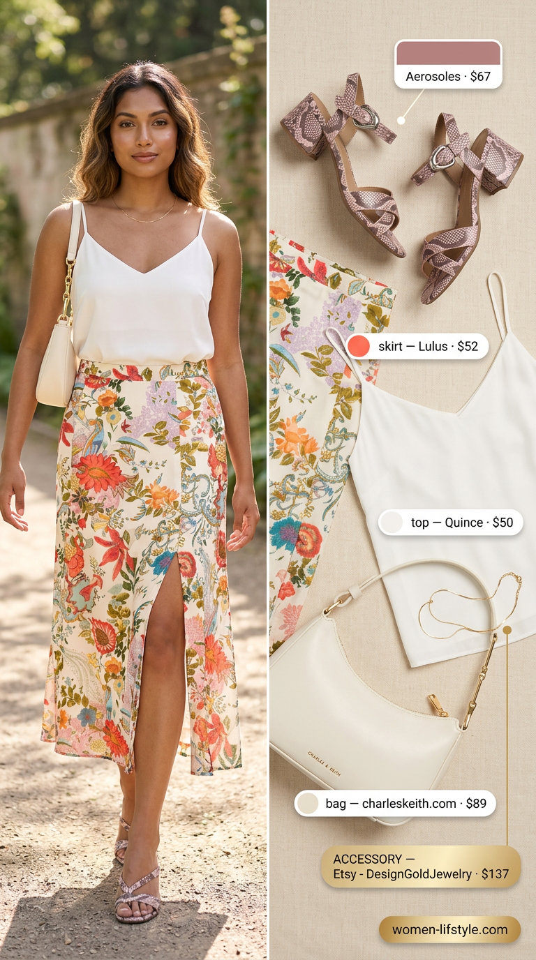 Vibrant coral heels with floral skirt and satin cami for summer date outfits with heels 2026.