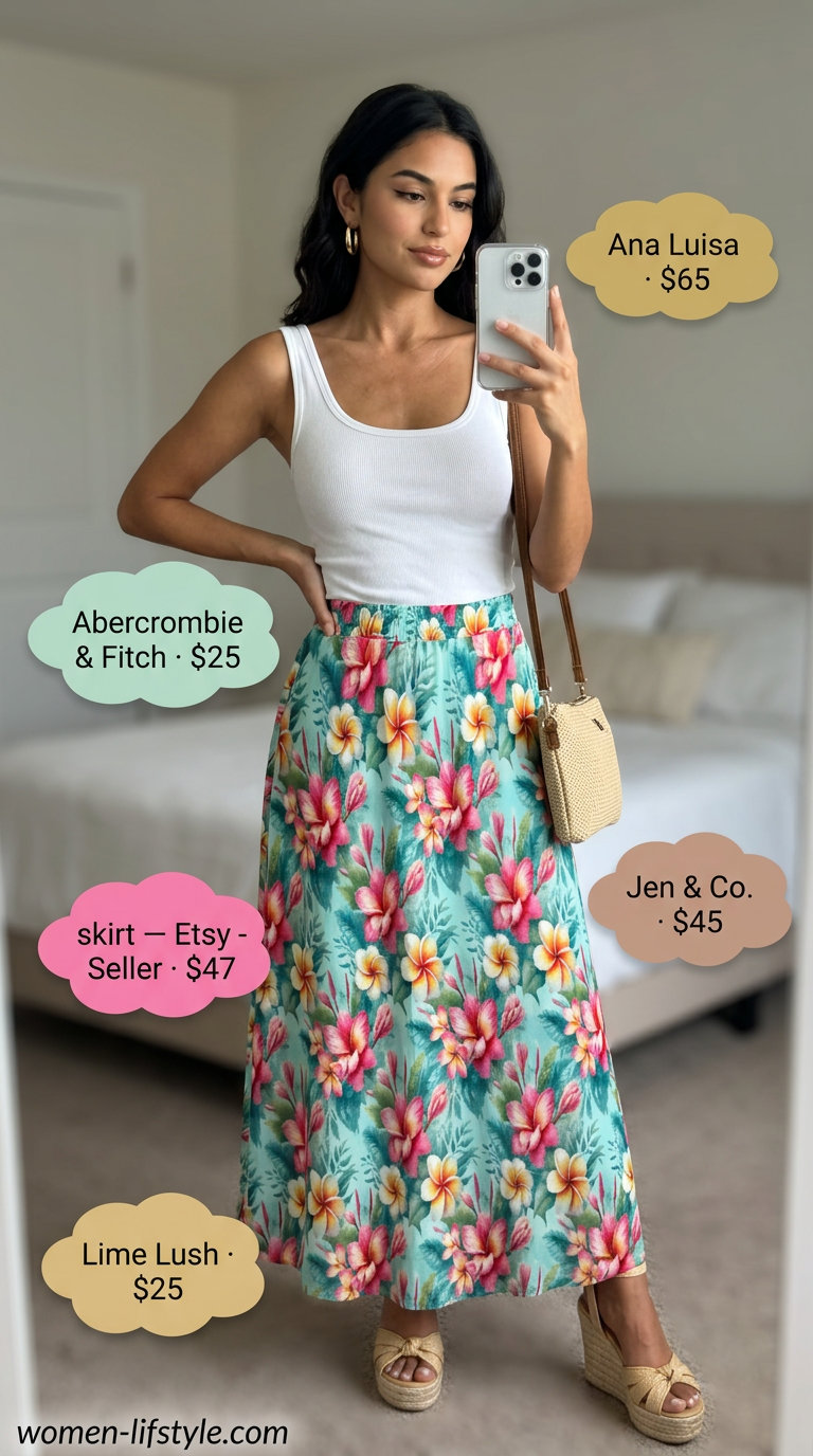 Tropical summer date outfits with heels 2026: Flowy maxi skirt, espadrilles, white tank for a vacation date.