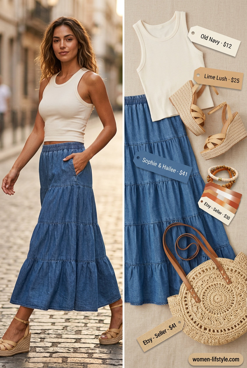 Boho summer denim skirt 2026 outfit: tiered midi skirt, ribbed tank, and espadrille wedges.