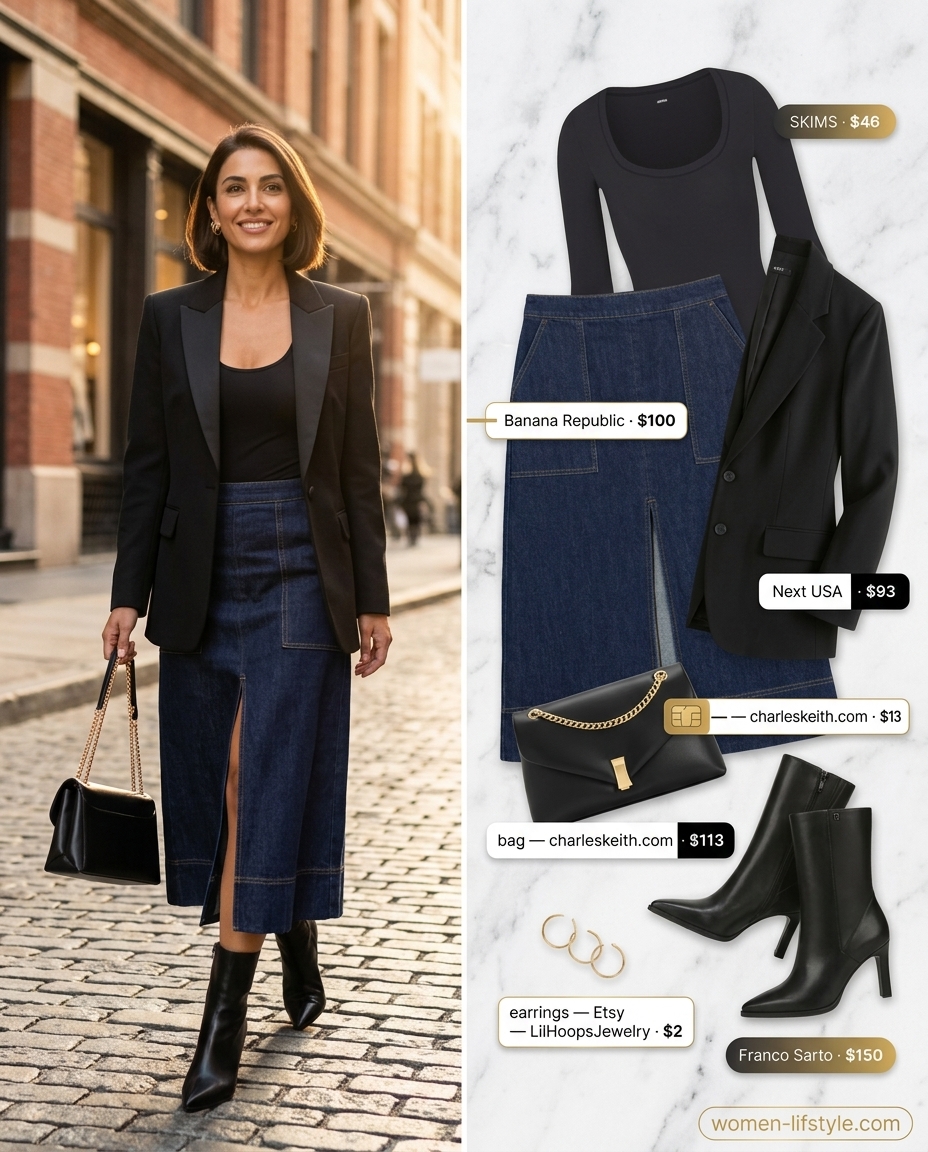Smart casual outfit: dark wash denim midi skirt, black bodysuit, blazer, and ankle boots. Summer Denim skirt 2026.