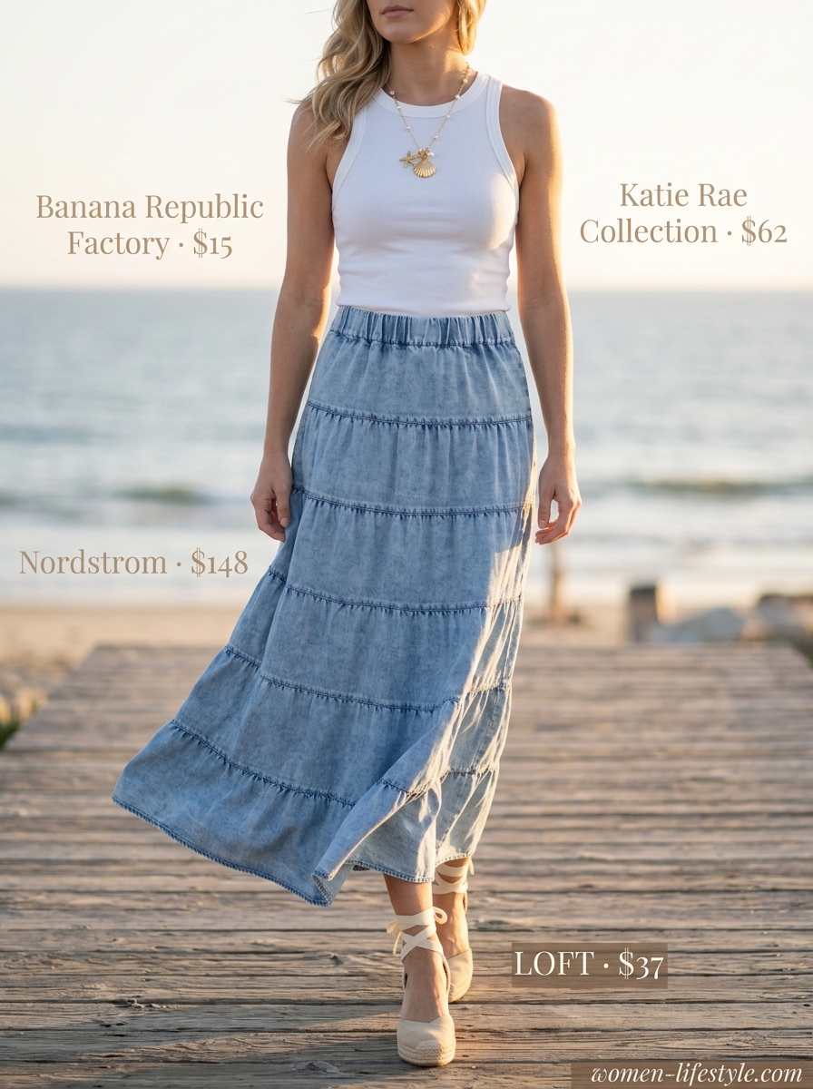 Bohemian resort wear: flowy denim maxi skirt, white ribbed tank, espadrilles, and straw tote. Summer Denim skirt 2026.