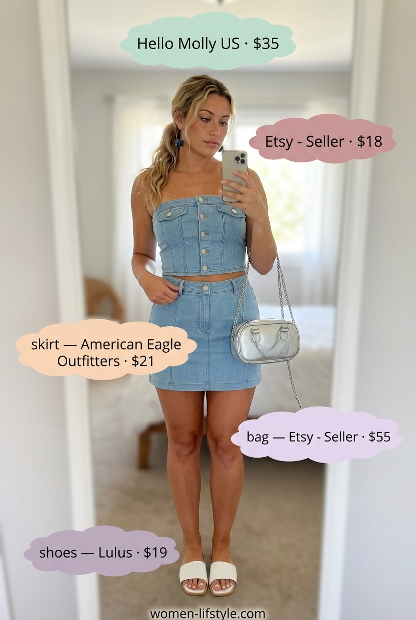 Trendy summer denim skirt 2026 outfit: light wash denim crop top and matching mini skirt. Casual.