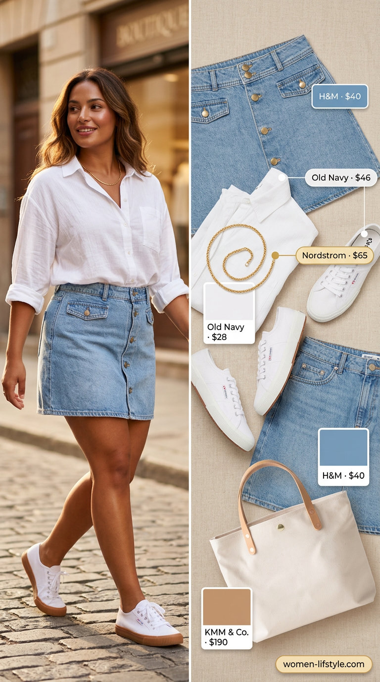 Effortless summer denim skirt 2026 outfit: light blue A-line mini skirt, oversized button-down.