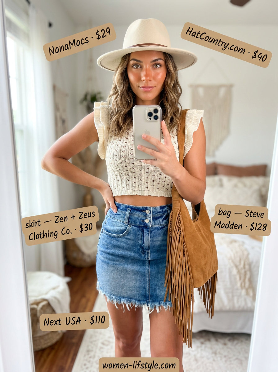 Bohemian festival outfit: light wash denim fringe skirt, cream crochet top, and suede boots. Summer Denim skirt 2026.