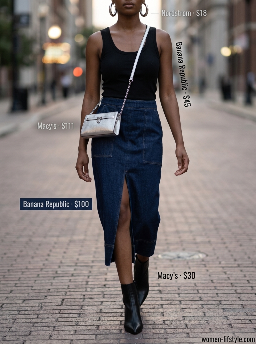 Edgy summer denim skirt 2026 outfit: dark wash midi skirt, black ribbed top, and heeled boots.