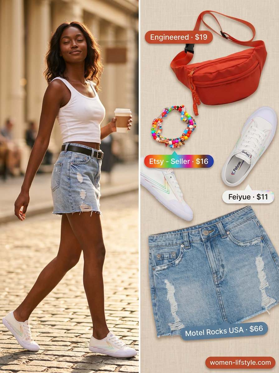 Playful picnic outfit: distressed denim mini skirt, graphic tee, canvas sneakers, and belt bag. Summer Denim skirt 2026.