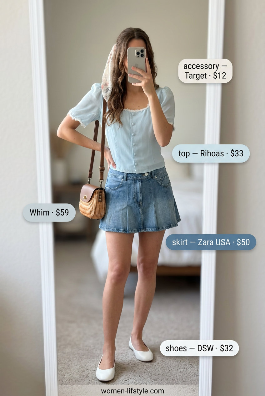 Sweet summer denim skirt 2026 outfit: light wash pleated mini skirt, puff-sleeve blouse.