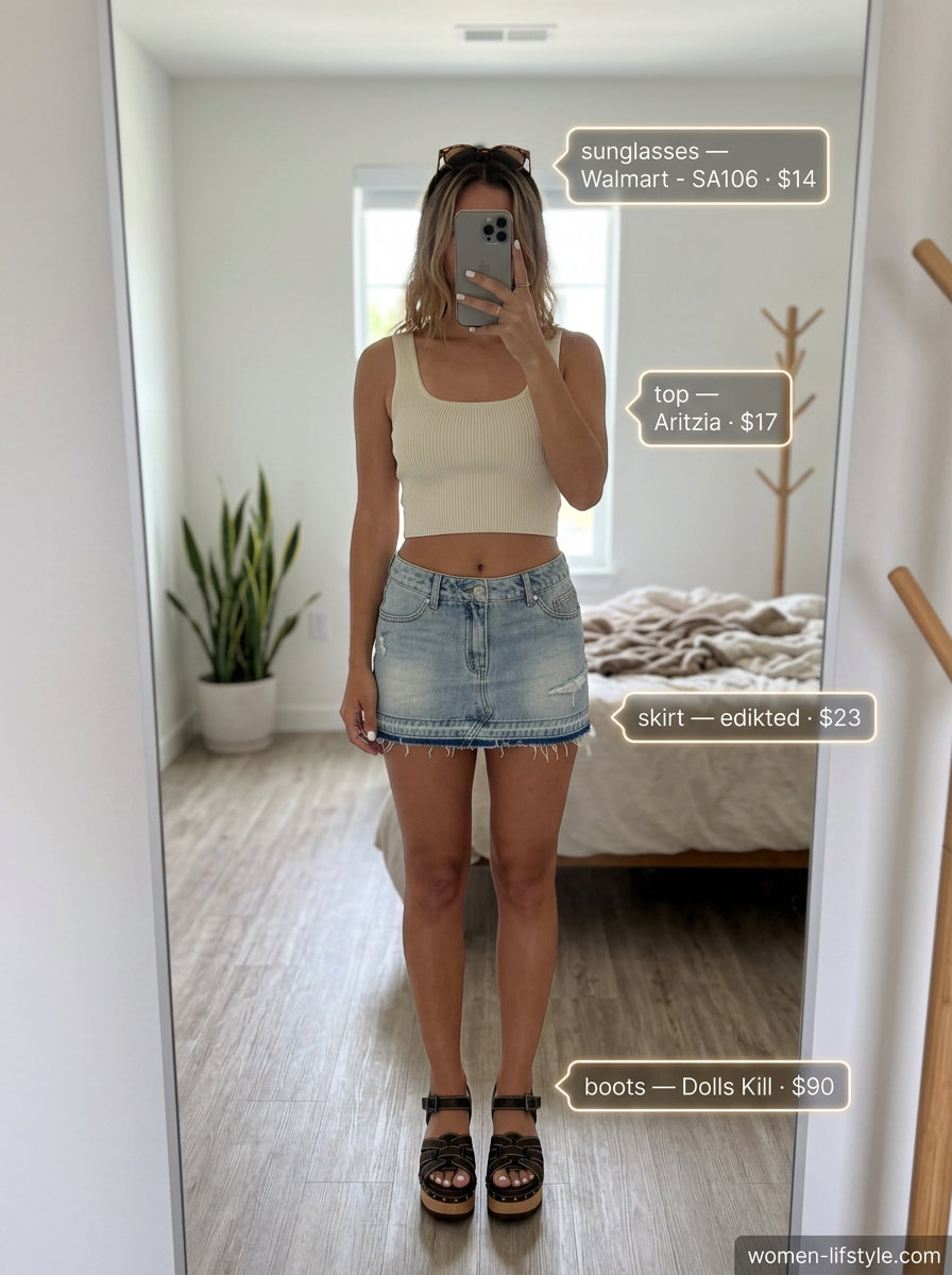 Retro festival look: distressed denim mini skirt, cream cropped top, faux leather sandals & saddle bag. Summer Denim skirt 2026.