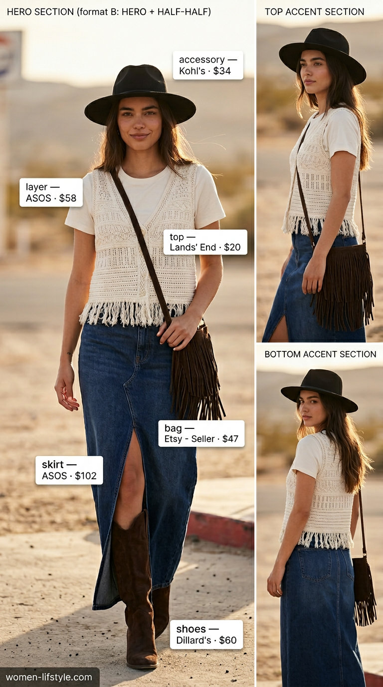 Retro summer denim skirt 2026 outfit: dark wash maxi skirt, crochet vest, and cowboy boots.