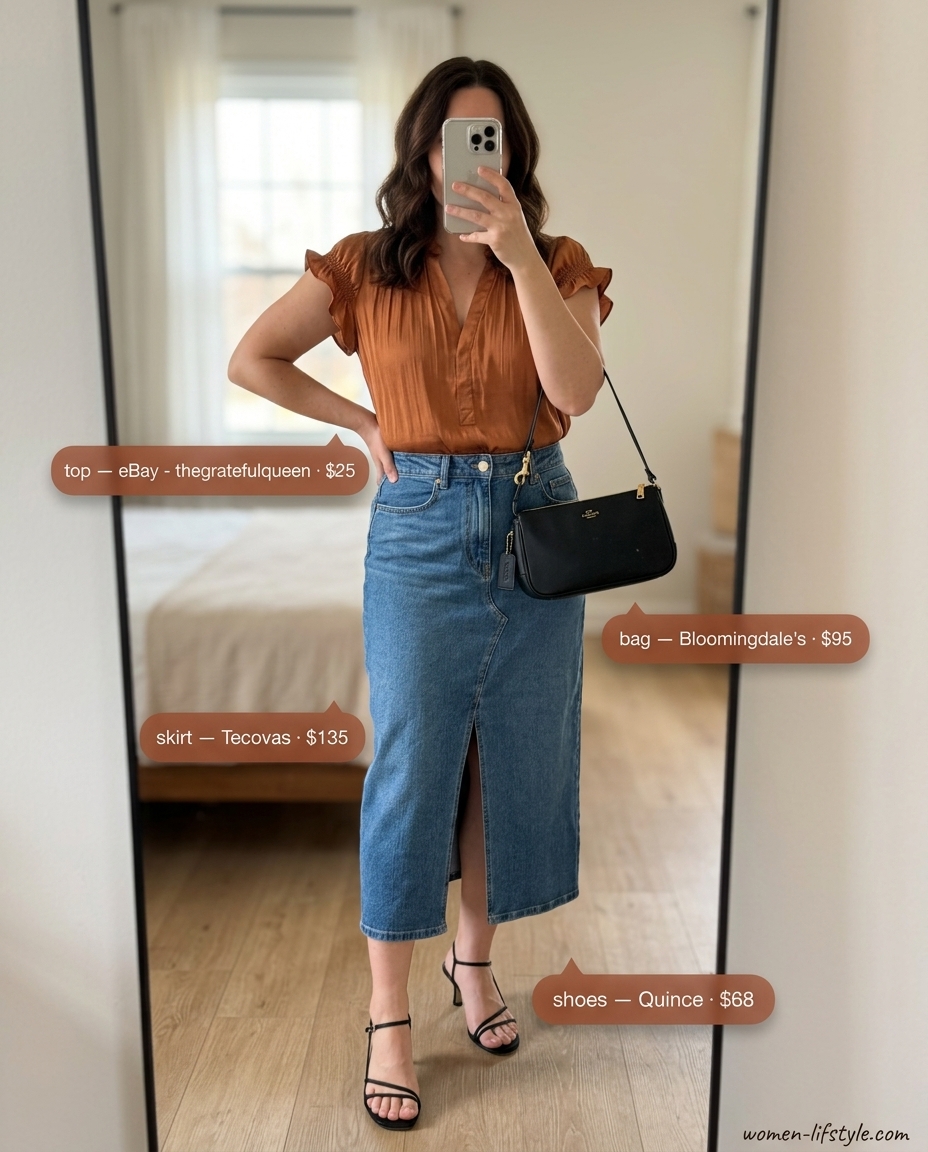 Sophisticated summer evening look: medium wash denim midi skirt, rust satin blouse, and strappy heels. Summer Denim skirt 2026.