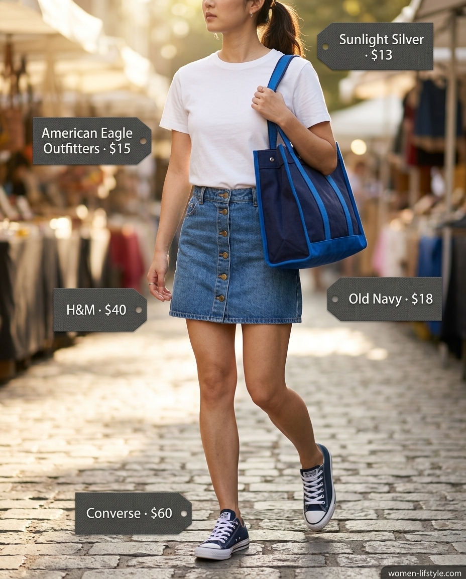 Casual travel outfit: A-line denim mini skirt, white tee, canvas sneakers, and navy tote. Summer Denim skirt 2026.