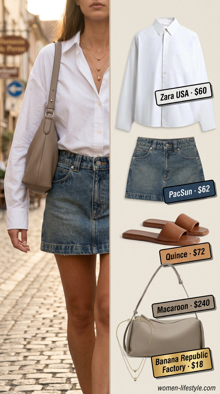 Effortless weekend outfit: A-line denim mini skirt, oversized white shirt, and leather slides. Summer Denim skirt 2026.