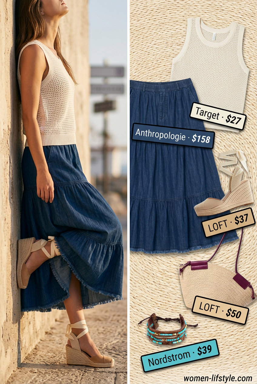 Bohemian coastal breeze outfit with light wash denim skirt, crochet top, and espadrille wedges 2026.