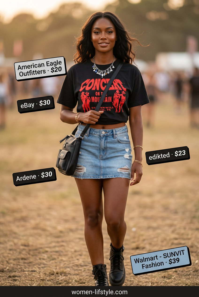 Edgy festival-ready outfit with distressed light wash denim mini skirt, band tee, and combat boots 2026.