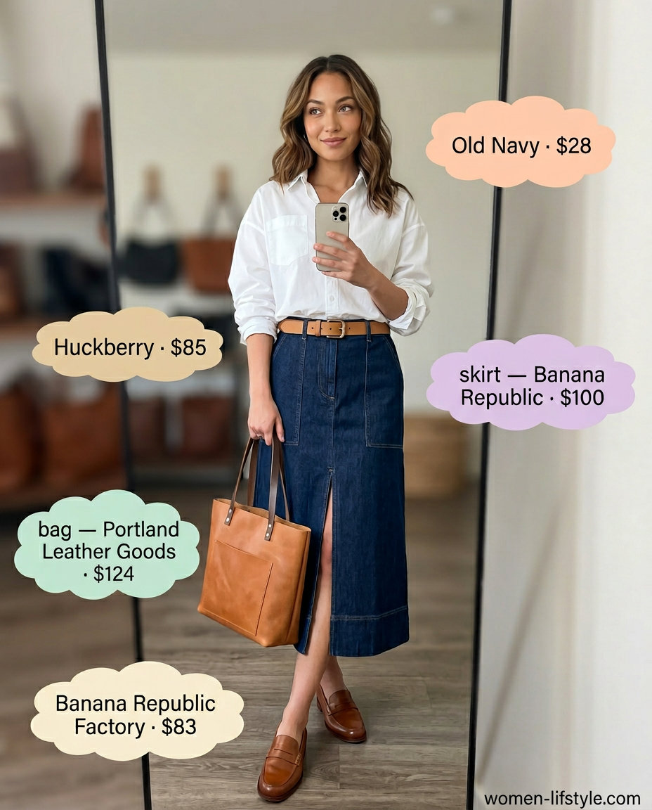 Modern minimalist outfit with dark wash denim midi skirt, oversized white shirt, and tan loafers 2026.