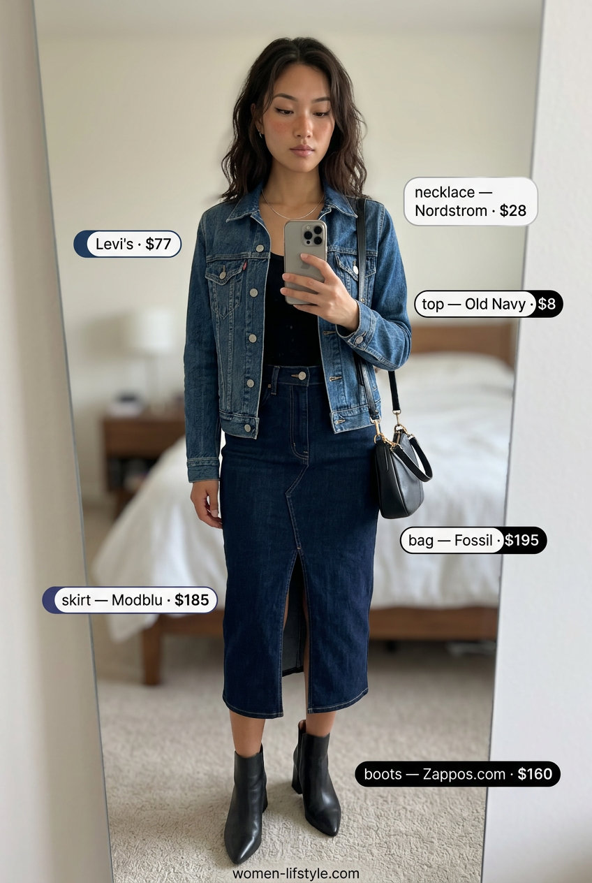 Modern monochromatic outfit with dark wash denim midi skirt, matching denim jacket, and black boots 2026.