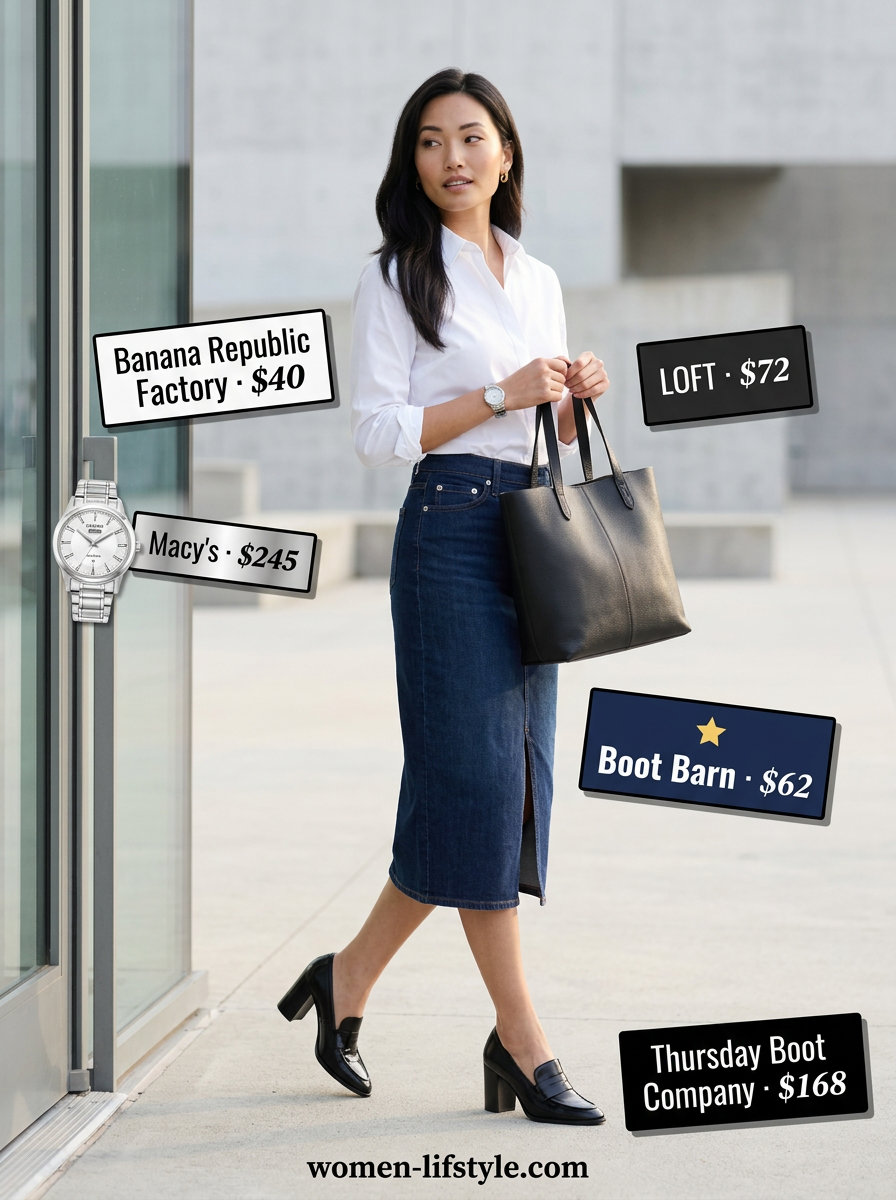 Polished professional outfit with dark wash denim skirt, white shirt, and black loafers for office wear 2026.