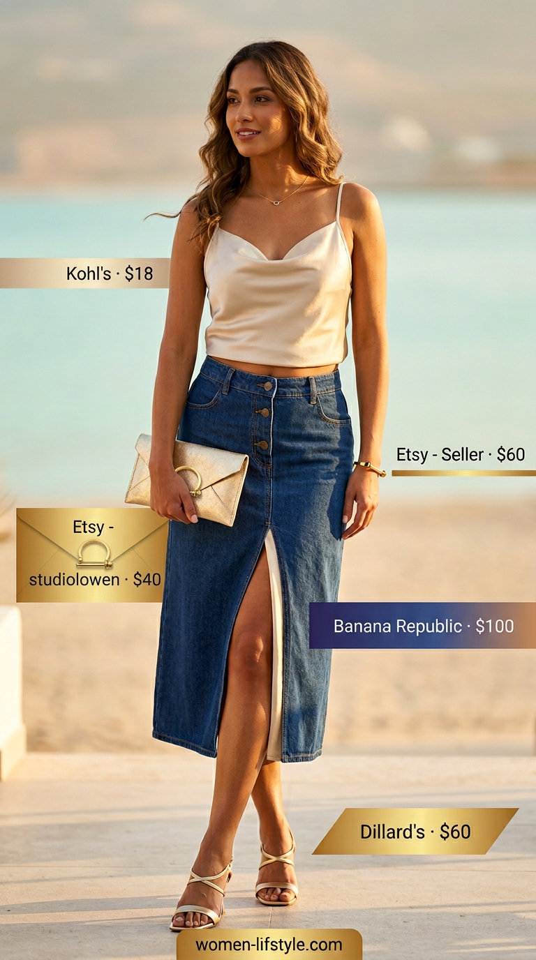 Elegant sunset cruise outfit with dark wash denim midi skirt, champagne satin camisole, and gold accessories 2026.