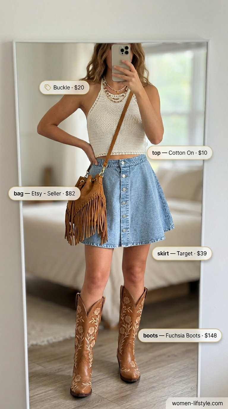 Retro vintage festival outfit with light wash denim A-line skirt, crochet top, and cowboy boots 2026.