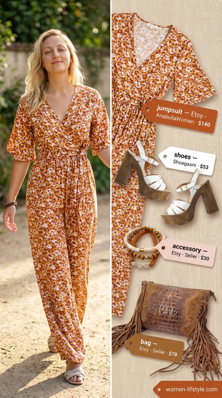 Boho summer linen jumpsuit outfits for women 2026: Multicolor floral wide-leg jumpsuit with wood sandals & fringe bag.