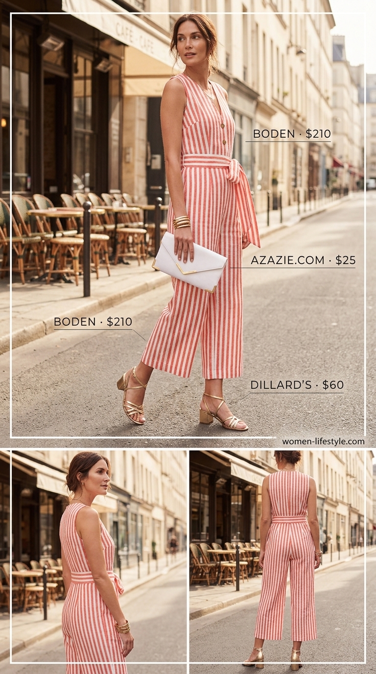 Glamorous summer linen jumpsuit outfits for women 2026: Coral V-neck jumpsuit with metallic heels & clutch.