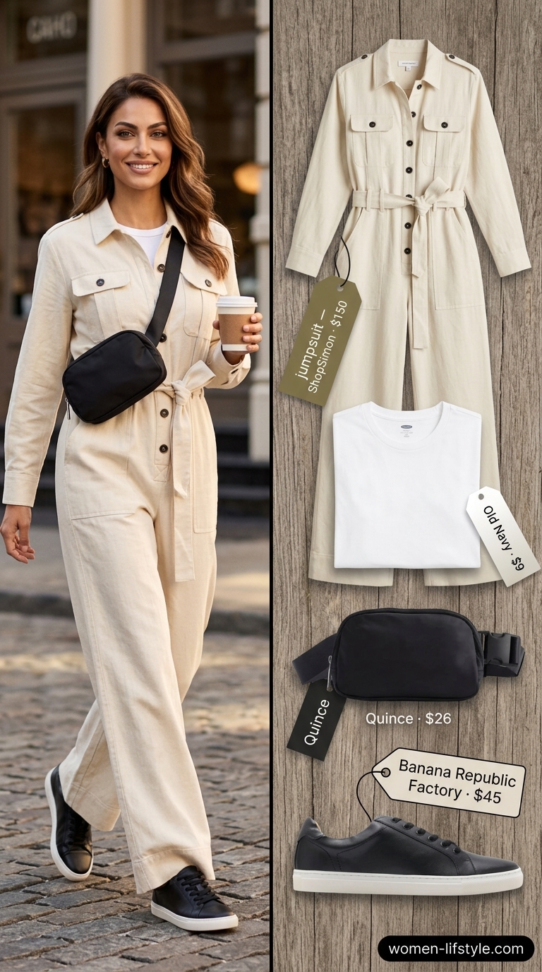 Urban summer linen jumpsuit outfits for women 2026: Khaki utility jumpsuit with sneakers & belt bag.
