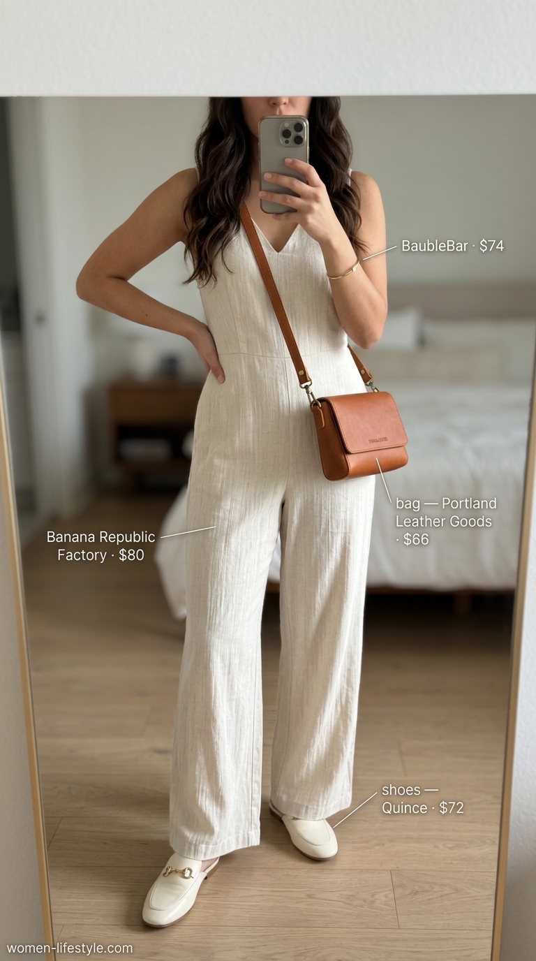 summer linen jumpsuit outfits for women 2026 outfit idea - fashion styling inspiration