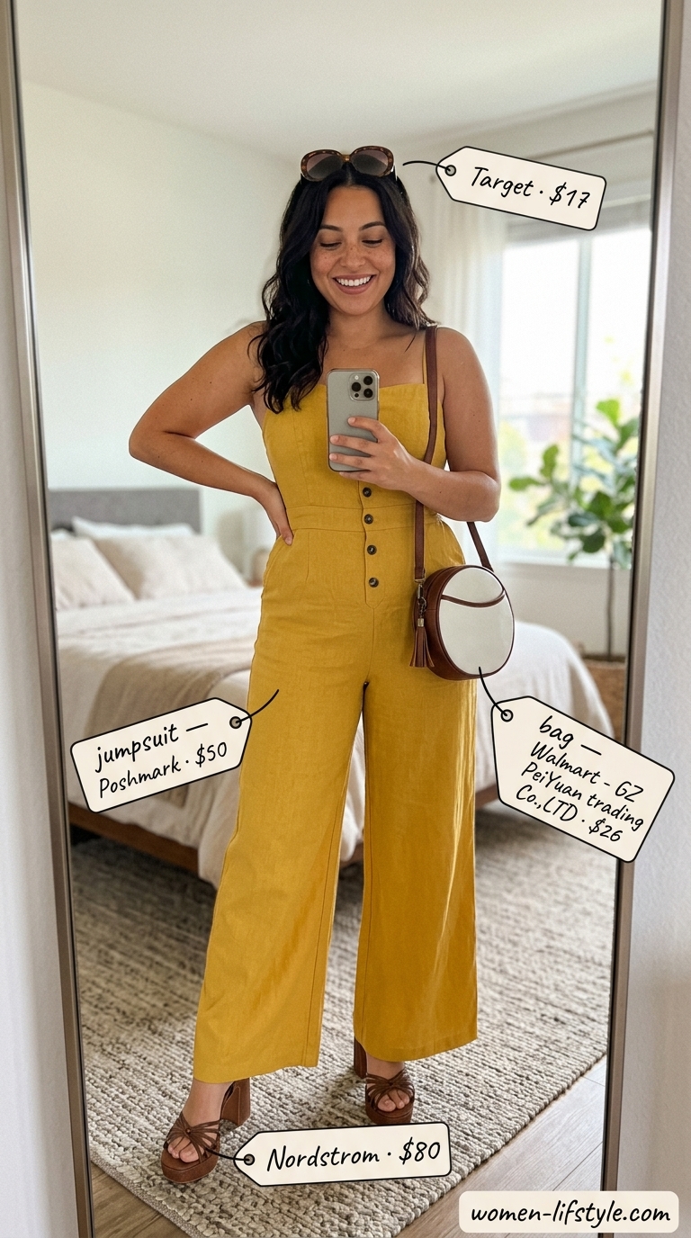 Fun summer linen jumpsuit outfits for women 2026: Mustard yellow flared jumpsuit with platform sandals.