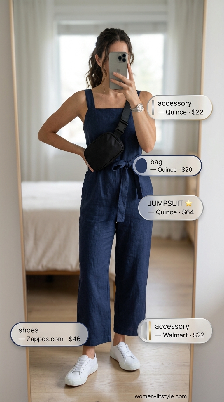 Sporty summer linen jumpsuit outfits for women 2026: Navy sleeveless jumpsuit with sneakers & belt bag.